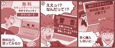 「あなたのパソコンはウイルスに感染しています」などのアラートや広告を出し、役に立たない偽セキュリティーソフトなどをインストールさせて購入させるサイトで、ウイルスが仕組まれることもあり大変危険です。