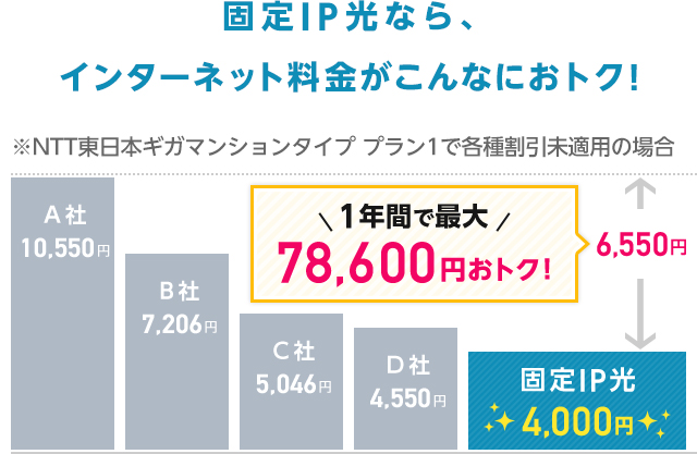 固定IP光なら、インターネット料金が1年間で最大78,600円おトク！